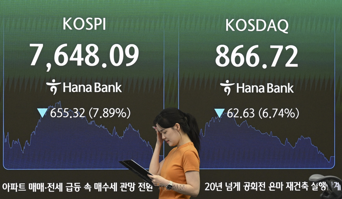 2일 서울 중구 하나은행 본점 딜링룸에 코스피·코스닥 종가가 표시되고 있다. 이날 코스피는 전 거래일 대비 655.32포인트(7.89%) 내린 7648.09에, 코스닥은 62.63포인트(6.74%) 내린 866.72에 거래를 마쳤다. 이지훈 기자