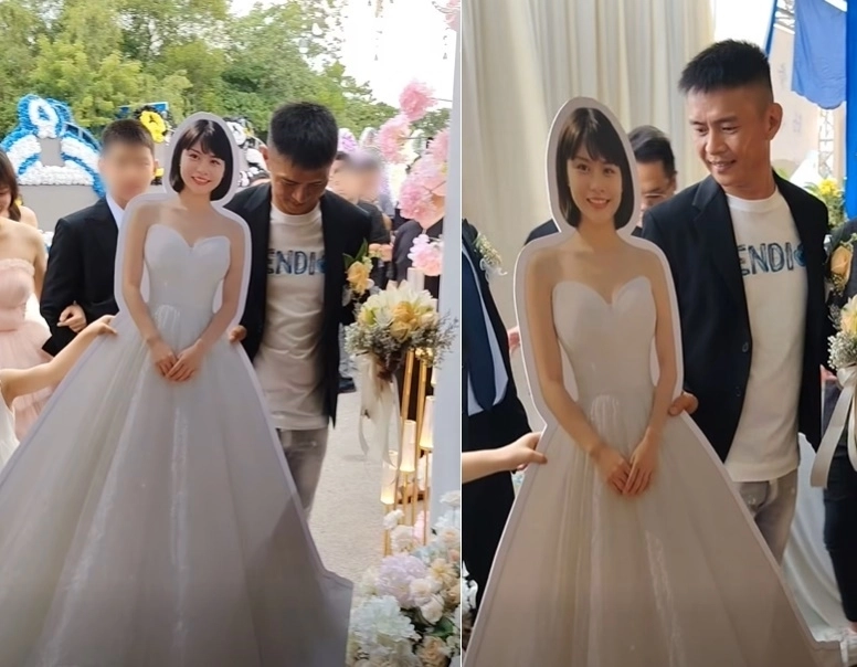 말레이시아의 한 남성이 결혼을 약속했던 연인이 갑작스럽게 세상을 떠나자 약혼녀의 실물 크기 등신대와 함께 결혼식을 올렸다. 페이스북 캡처(@John Muaythai John)