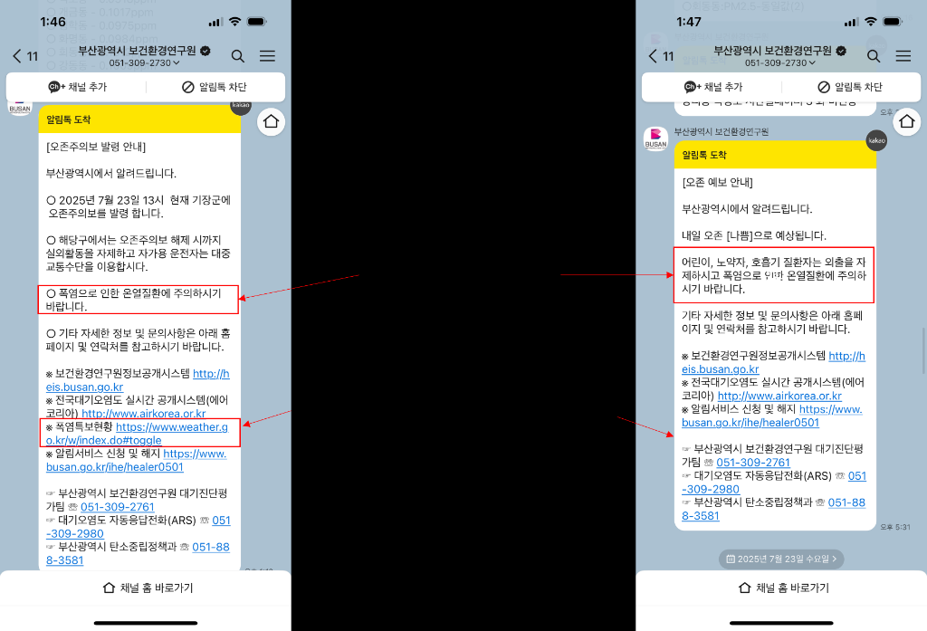 부산시보건환경연구원이 오는 9월까지 제공하는 폭염정보 알림톡 서비스. 부산시 제공