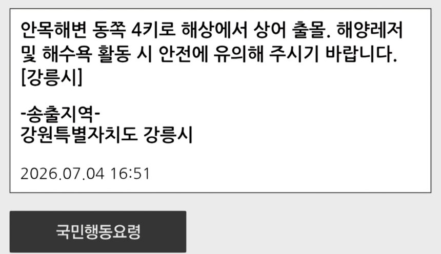 강원 강릉시는 4일 해상에서 상어가 출몰했다는 신고가 잇따르자 피서객에게 안전을 당부하는 재난문자를 발송했다. 연합뉴스