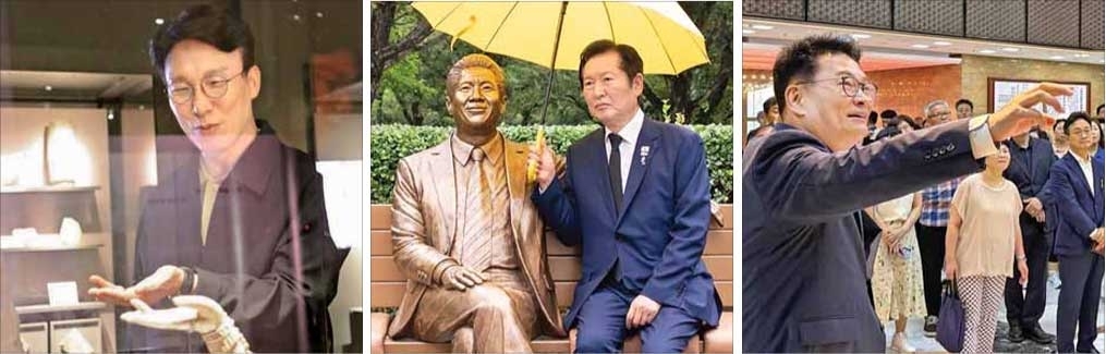 김민석 전 국무총리가 지난 4일 전북 익산 금마면 국립익산박물관에서 전시된 유물의 손모양을 따라 하고 있다(왼쪽 사진). 가운데 사진은 정청래 전 더불어민주당 대표가 5일 경남 김해 봉하마을의 노무현 전 대통령 동상 옆에 우산을 쓰고 앉아 있는 모습. 오른쪽 사진은 송영길(맨 왼쪽) 민주당 의원이 지난 4일 국회에서 열린 인천 연수갑 운영위원회에 참석한 지역구 주민들에게 국회 본관 로텐더홀을 소개하는 모습. 엑스(X)·페이스북 캡처