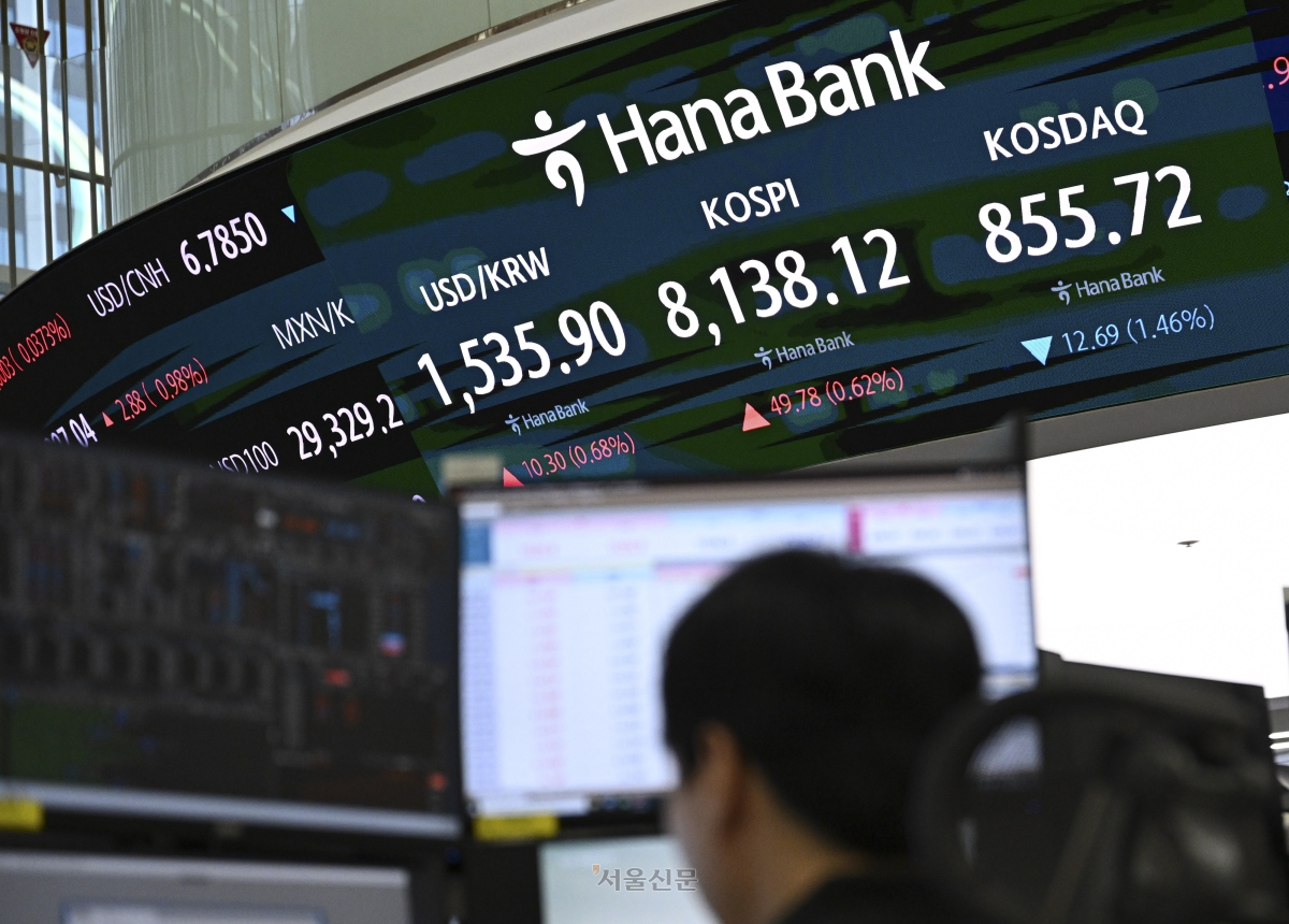 6일 서울 중구 하나은행 본점 딜링룸 전광판에 주가 지수가 표시되고 있다. 이날 코스피는 전장 대비 98.48p(1.22%) 오른 8186.82에, 코스닥은 2.01p(0.23%) 내린 866.40에 개장했다. 2026.7.6 이지훈 기자