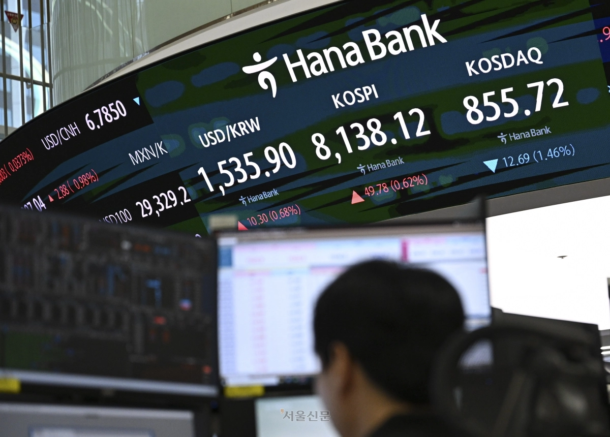 6일 서울 중구 하나은행 본점 딜링룸 전광판에 주가 지수가 표시되고 있다. 이날 코스피는 전장 대비 98.48p(1.22%) 오른 8186.82에, 코스닥은 2.01p(0.23%) 내린 866.40에 개장했다. 2026.7.6 이지훈 기자