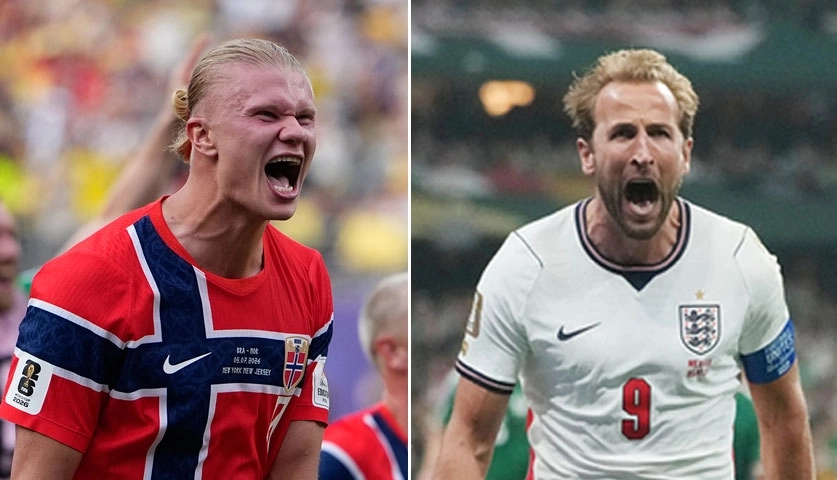 엘링 홀란(노르웨이)과 해리 케인(잉글랜드)이 2026 국제축구연맹(FIFA) 북중미월드컵 8강전에서 격돌한다. 사진은 6일(한국시간) 미국 뉴저지주 이스트 러더퍼드 뉴욕/뉴저지 스타디움에서 열린 브라질과의 16강전에서 홀로 두 골을 넣으며 2-1 승리를 이끈 홀란(왼쪽)과 멕시코 멕시코시티 스타디움에서 열린 멕시코와의 16강전에서 페널티킥 결승골을 넣은 케인(오른쪽)이 포효하는 모습. 이스트 러더퍼드·멕시코시티 AP 뉴시스
