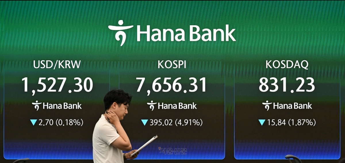 코스피가 5%대 급락에 매도 사이드카가 발동한 7일 서울 중구 하나은행 딜링룸 전광판에 지수가 표시되어 있다. 2026.7.7. 도준석 전문기자