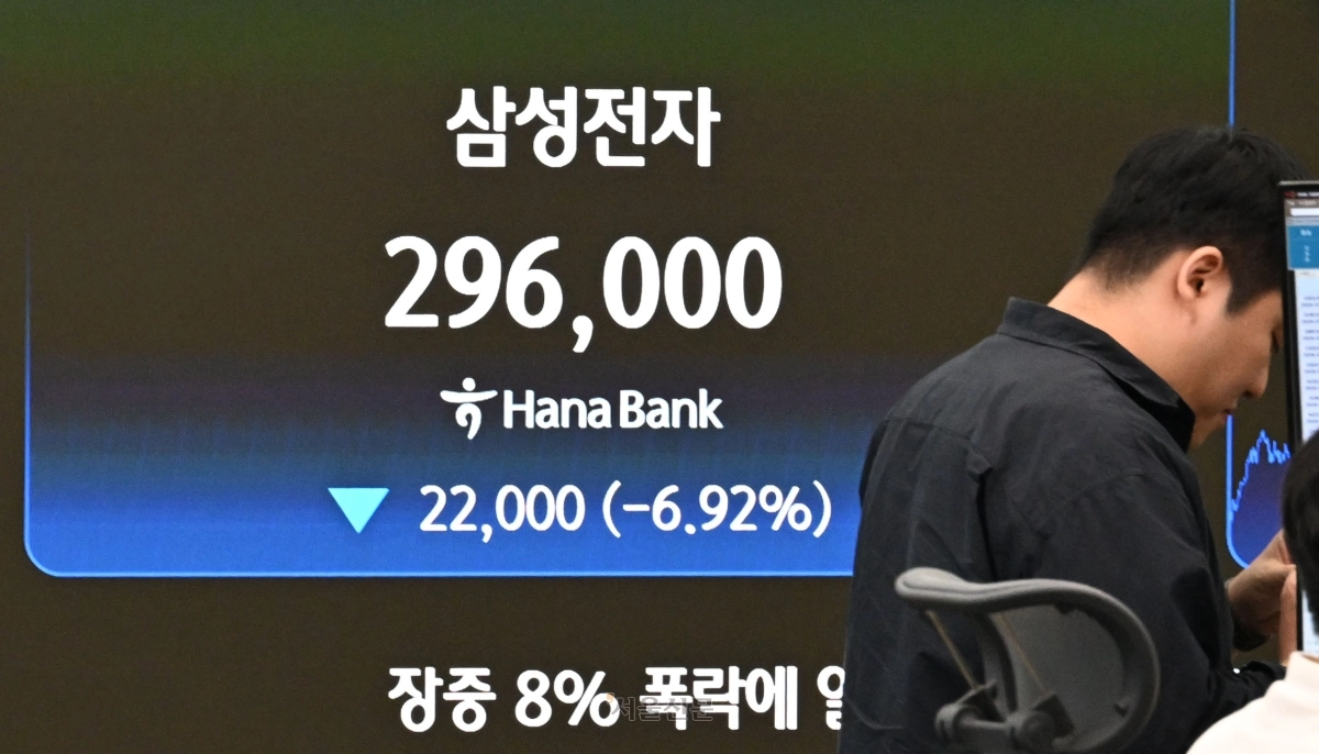 삼성전자가 최대 실적에도 주가가 하락한 7일 서울 중구 하나은행 딜링룸 전광판에 삼성전자 종가가 표시돼 있다. 도준석 전문기자