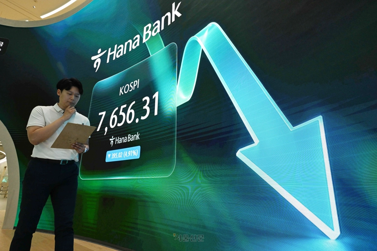 코스피가 5%대 급락에 매도 사이드카가 발동한 7일 서울 중구 하나은행 딜링룸 전광판에 지수가 표시되어 있다. 2026.7.7. 도준석 전문기자