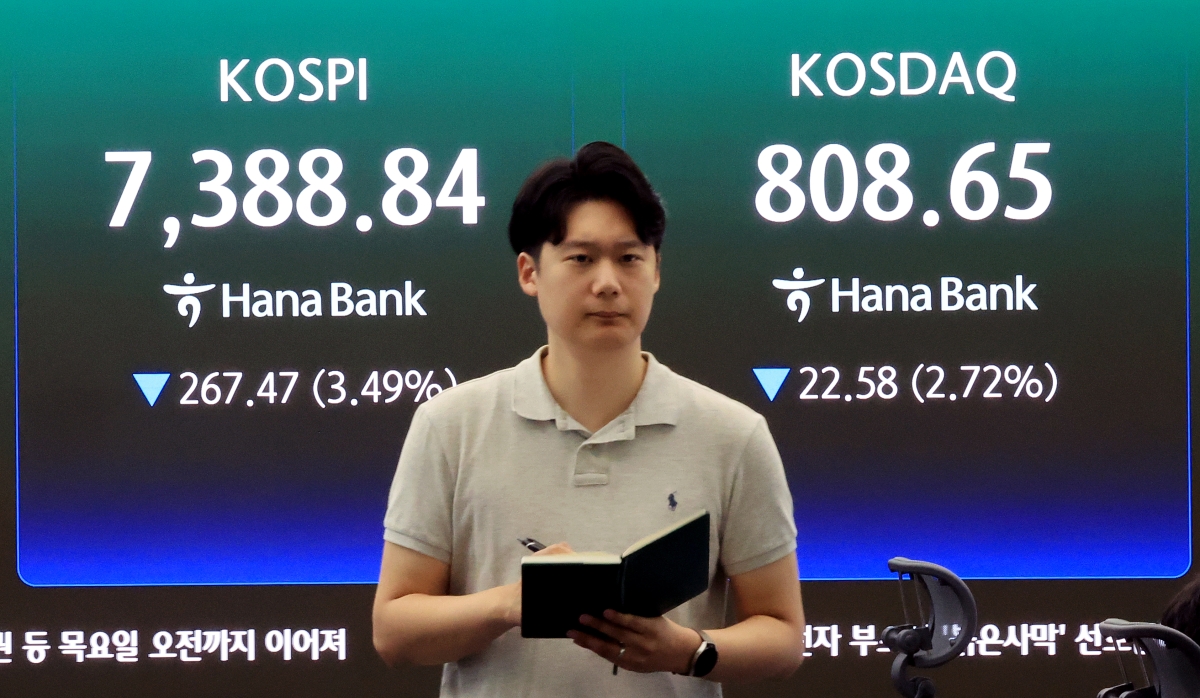 8일 서울 중구 하나은행 본점 딜링룸 전광판에 코스피와 코스닥 지수 시황이 표시되고 있다. 이날 코스피는 전 거래일 대비 203.83포인트(2.66%) 하락한 7452.48, 코스닥 지수는 14.84포인트(1.79%) 내린 816.39에 거래를 시작했다. 2026.7.8 뉴스1