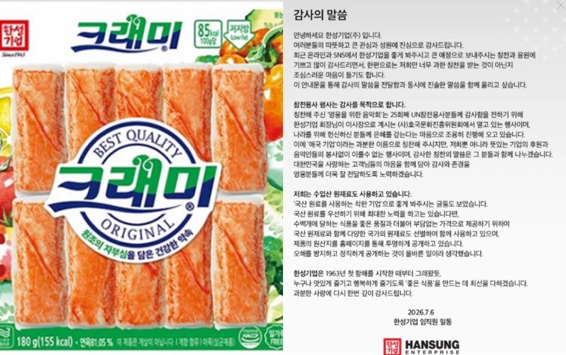 ‘크래미’로 이름을 알린 수산물 가공 식품제조업체 한성기업이 온라인에서 ‘애국기업’으로 입소문을 타며 주가가 강세를 보이고 있다. 한성기업은 지난 6일 홈페이지를 통해 ‘감사의 말씀’을 게시하고 “따뜻하고 큰 관심과 성원에 진심으로 감사드린다”고 밝혔다. 한성기업 홈페이지 캡처