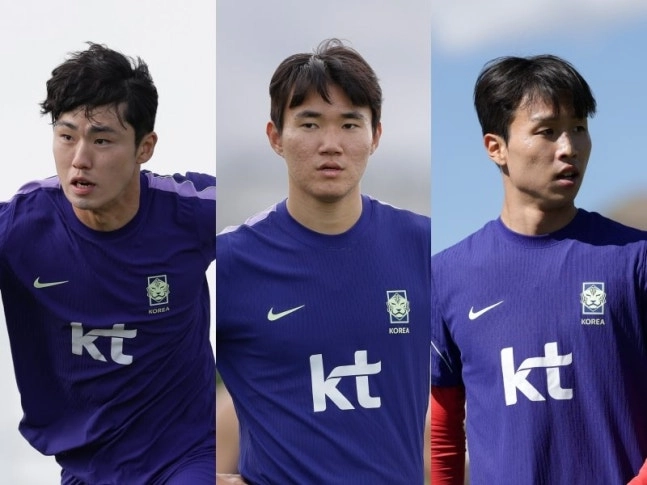 2026 아이치·나고야 아시안게임 남자축구 대표팀에 합류한 이기혁(왼쪽부터), 양현준, 엄지성. 대한축구협회 제공