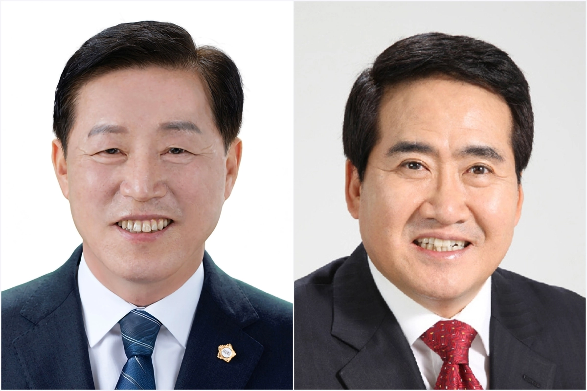 서울 성동구의회는 지난 6일 열린 본회의에서 10대 전반기 의장단에 오천수(왼쪽) 의장과 엄경석 부의장을 선출했다.  사진:성동구의회 제공.