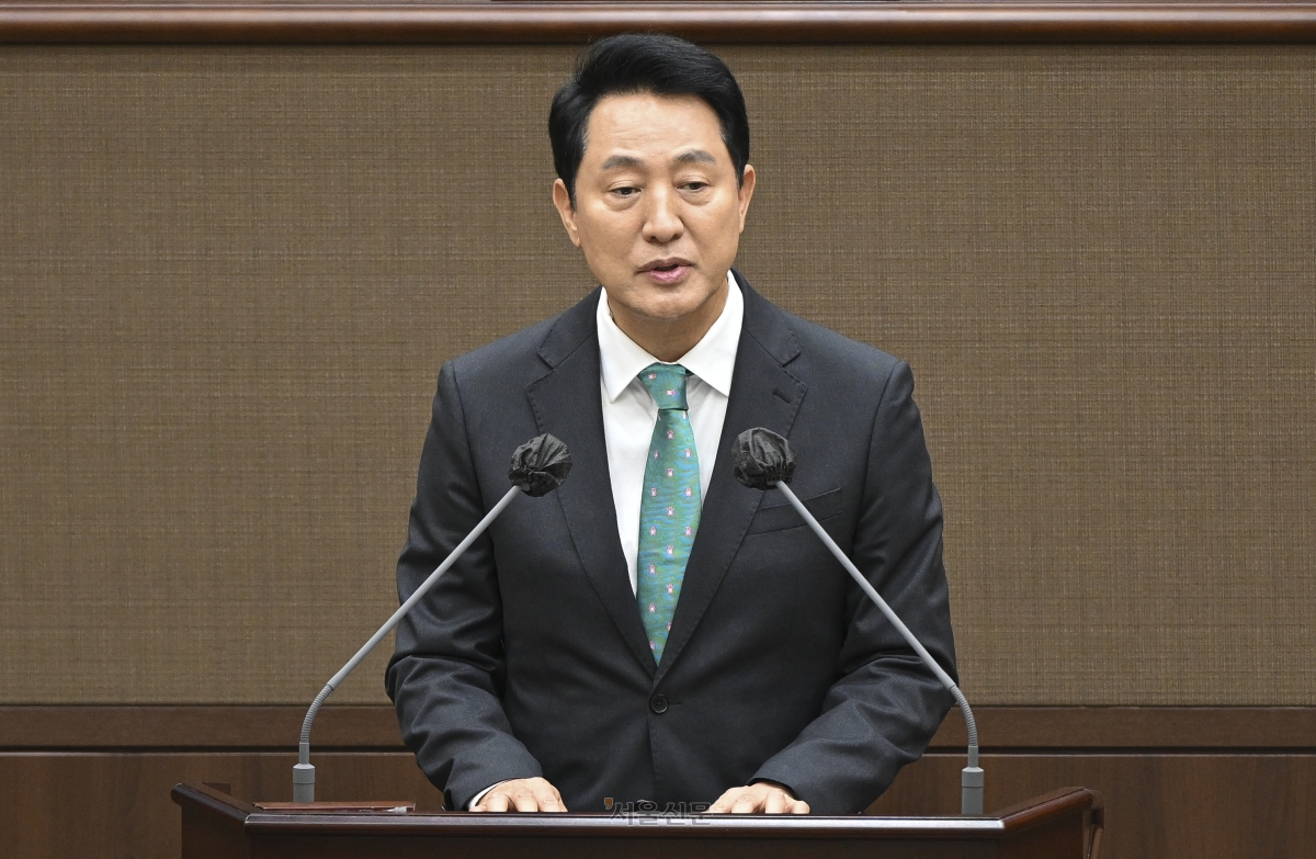 오세훈 서울시장이 지난 7일 서울 중구 서울시의회에서 열린 제12대 서울시의회 개원식에서 축사를 하고 있다. 2026.7.7 이지훈 기자