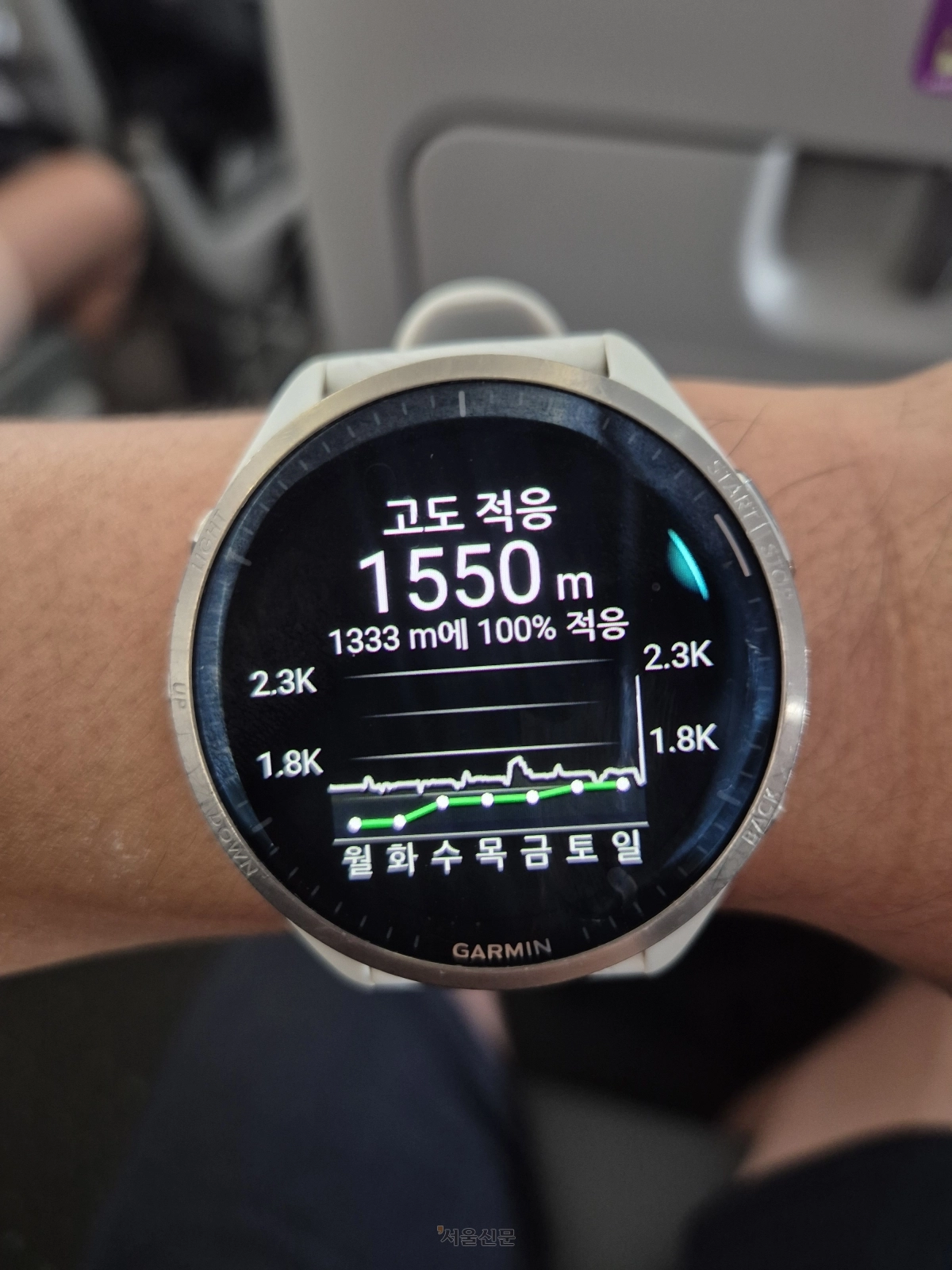 평균 해발 540m의 몬테레이로 이동하는 여객기에서 고도 변화를 감지한 시계 화면.
