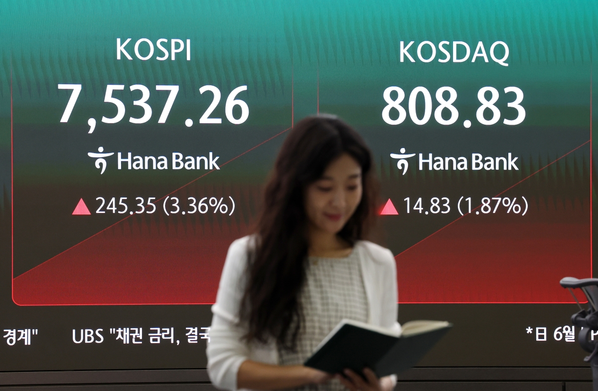 코스피가 장 초반 3% 이상 급등세를 보이며 출발한 10일 서울 중구 하나은행 본점 딜링룸 현황판에 코스피와 코스닥이 표시되고 있다. 연합뉴스