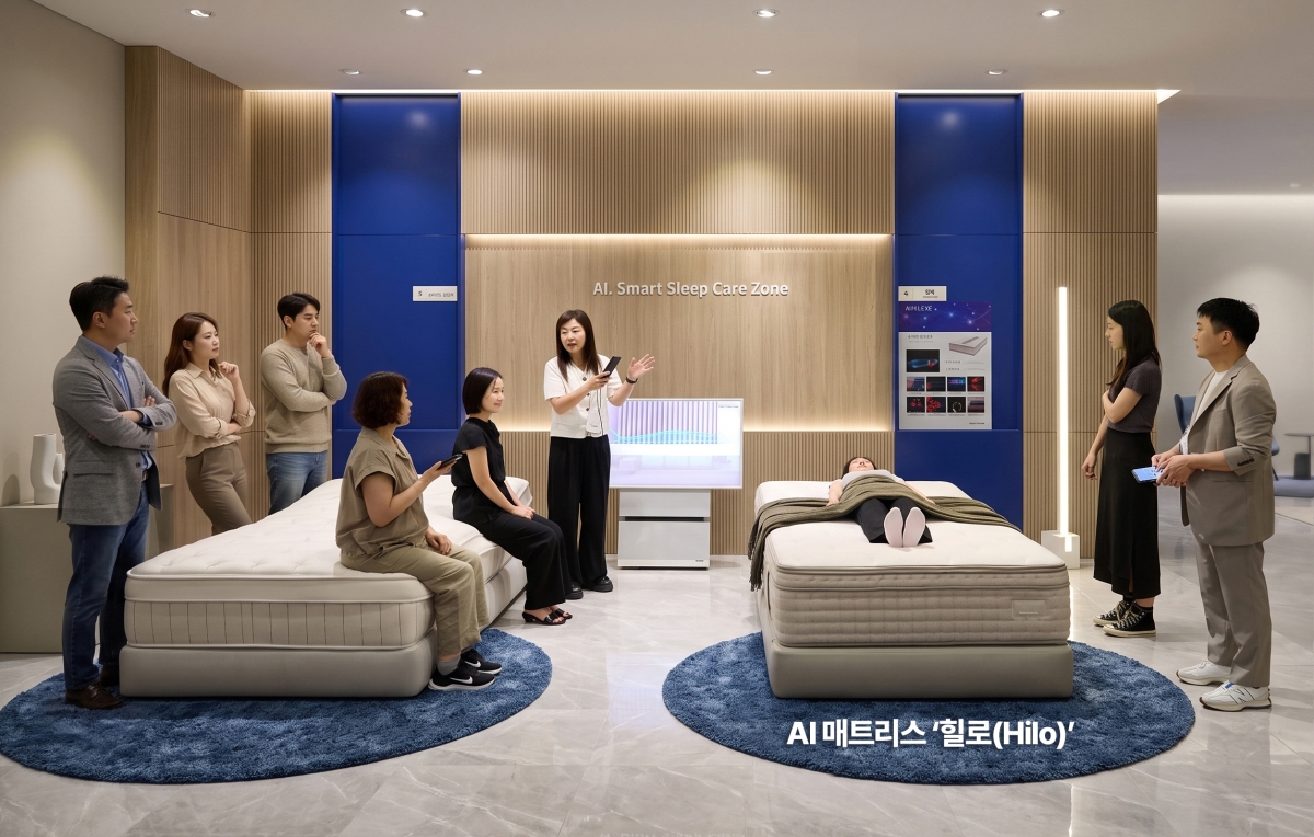 종합가구 브랜드 에몬스가 지난 8일 인천 본사에서 개최한 ‘2026 FW 디자인 트렌드 발표회’에서 AI 매트리스 ‘힐로’를 시연하고 있다.  에몬스 제공