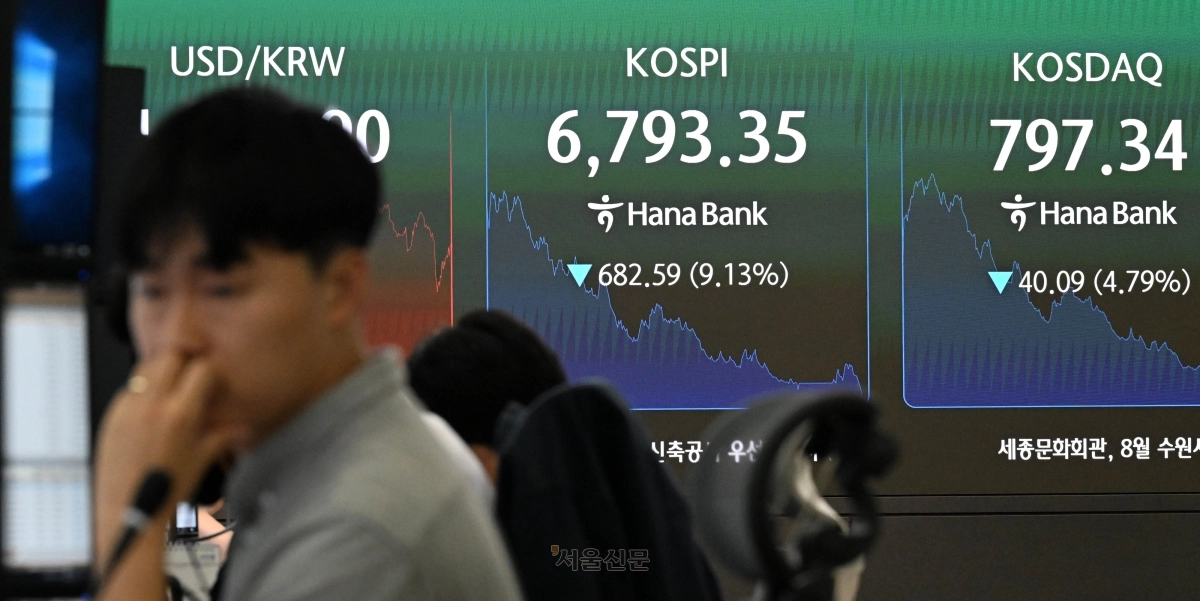 13일 서울 중구 하나은행 본점 딜링룸에서 직원들이 업무를 보고 있다. 이날 코스피가 장중 9% 넘게 급락해 2개월여만에 7,000선을 내줬다. 2026.7.13 홍윤기 기자