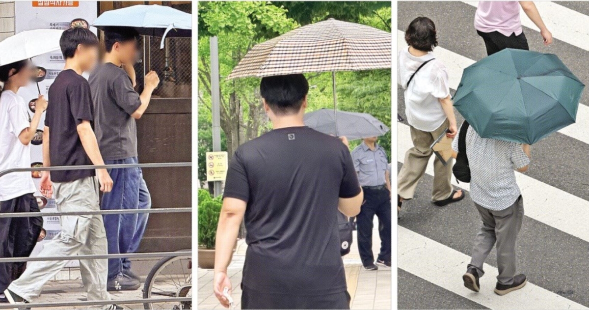 폭염이 갈수록 거세지면서 중년 여성의 전유물로 여겨졌던 양산이 남성들에게도 일상적인 더위 대비용품으로 자리잡고 있다. 사진은 폭염주의보가 발효된 13일 서울 동대문구 대학가에서 양산을 쓴 대학생들(왼쪽)·체크무늬 양산을 쓴 남자 대학생(가운데)·용산역 인근 횡단보도에서 양산을 쓰고 걸어가는 한 남성(오른쪽). 이지 기자·연합뉴스