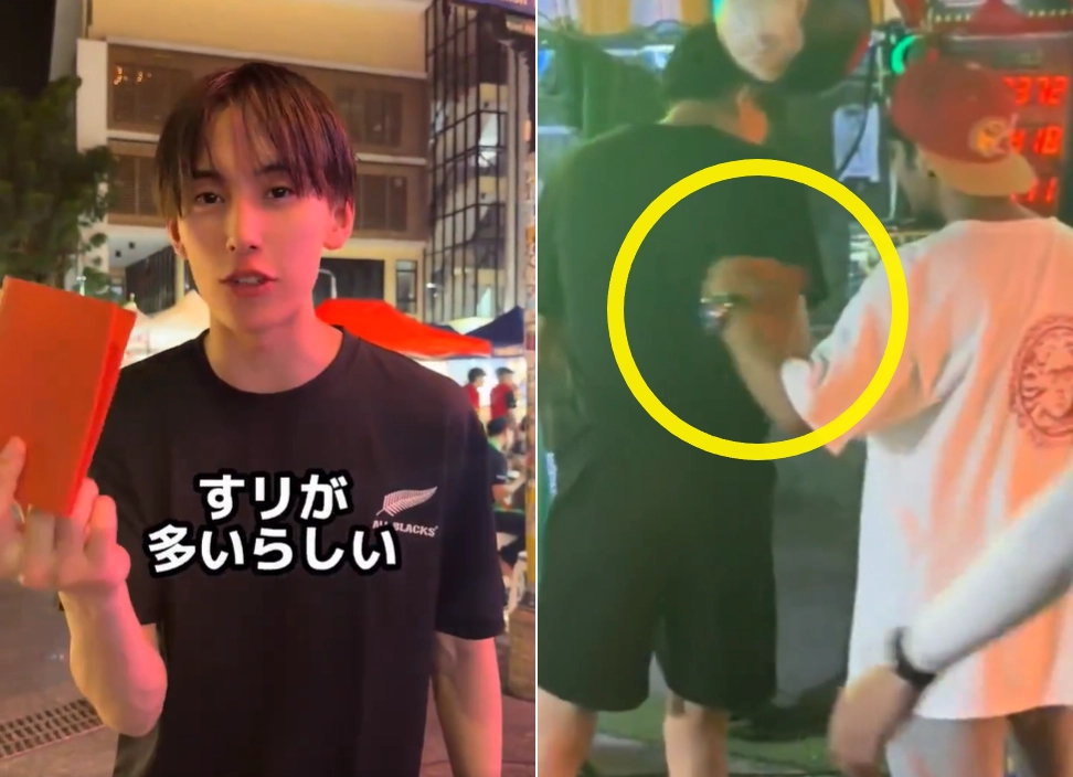 팔로워(구독자) 60만명을 보유한 일본인 틱톡커가 태국 방콕 카오산로드에서 소매치기를 당한 것처럼 조작 영상을 만들어 올렸다가 논란이 커지자 사과했다. 사진은  문제의 영상 속에서 일본인 틱톡커가 영상 도입부에서 ‘시회 실험’을 시작하는 장면(왼쪽)과 길거리에서 펀치게임을 하는 도중 누군가가 지갑을 훔쳐가는 것처럼 보이게 연출된 장면(오른쪽). 엑스 캡처