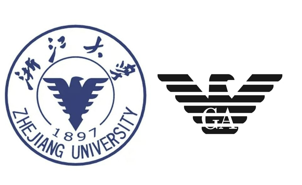 중국 명문 저장대학교의 독수리 모양 학교 엠블럼(왼쪽)과 이탈리아 명품 브랜드 아르마니 로고. 저장대·아르마니 홈페이지