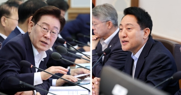 이재명(왼쪽) 대통령이 14일 청와대에서 열린 국무회의에서 질문하고 있다. 같은 날 오세훈(오른쪽) 서울시장이 이재명 대통령 주재로 열린 국무회의에서 자료제출 관련 발언을 하고 있다.