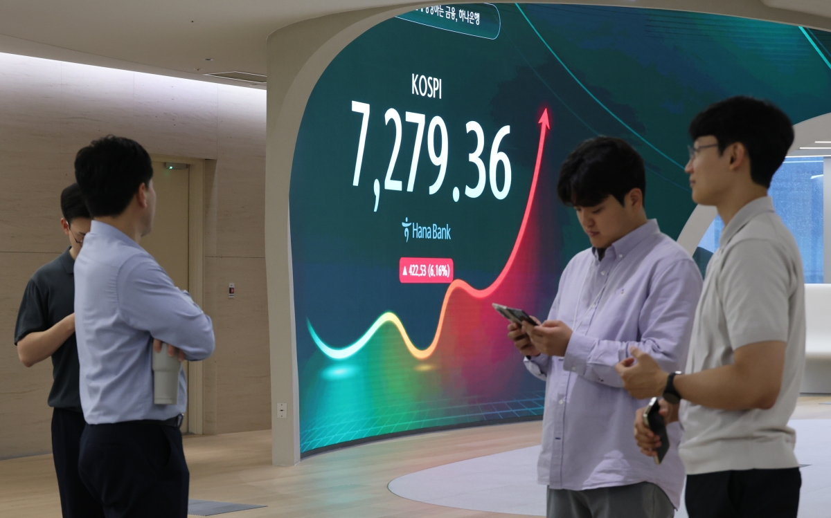 코스피가 7,000선을 회복한 15일 서울 중구 하나은행 딜링룸 현황판에 코스피가 표시되고 있다.     이날 오전 코스피는 226.08p(3.30%) 오른 7,082.91, 코스닥은 21.73p(2.77%) 오른 805.71로 개장했다.