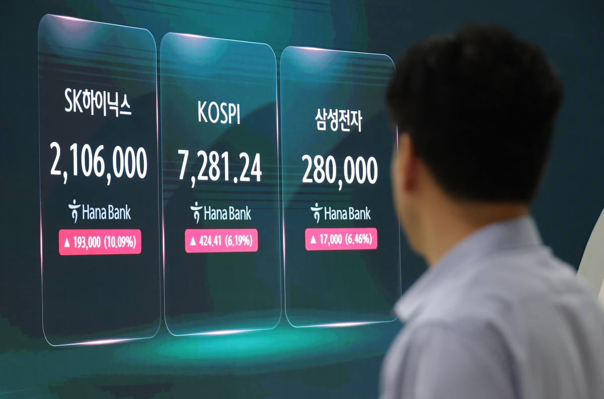 코스피가 7,000선을 회복한 15일 서울 중구 하나은행 딜링룸 현황판에 코스피 및 삼성전자, SK하이닉스 실시간 주가가 표시되고 있다. 2026.7.15. 연합뉴스