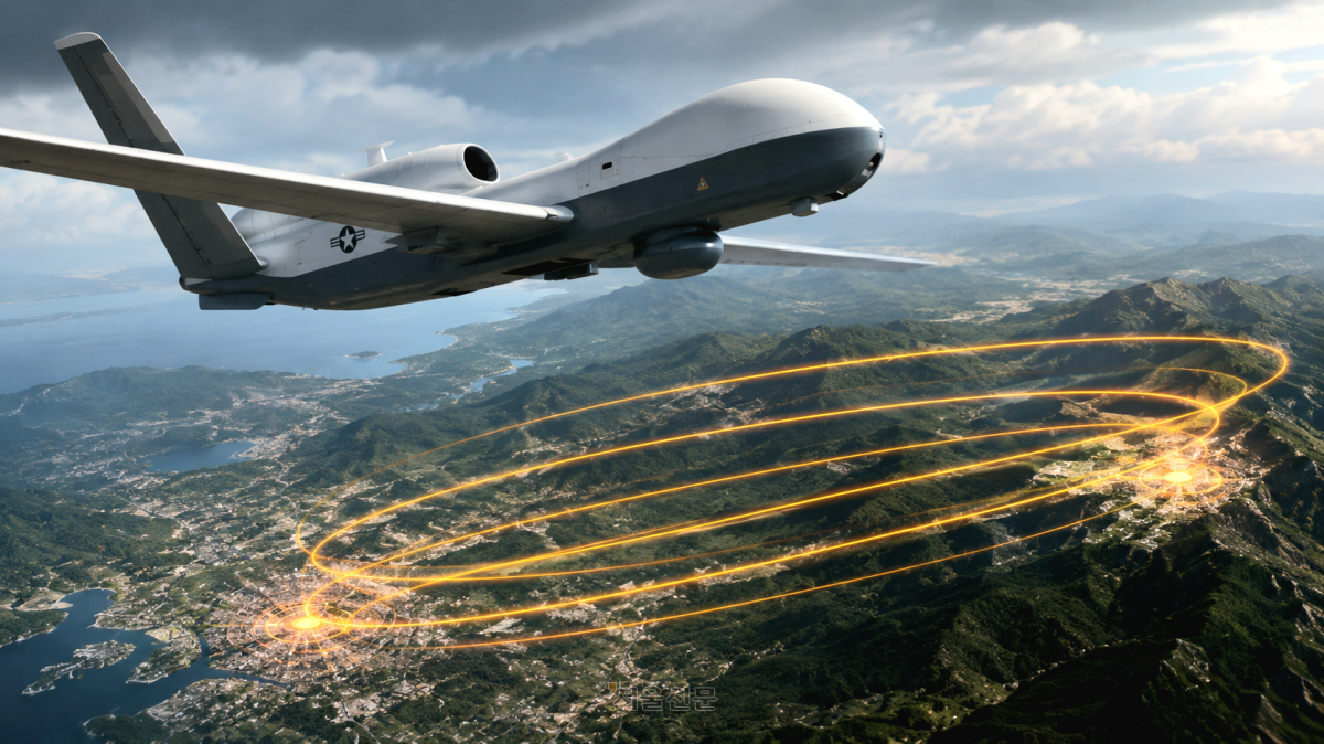 미 해군의 최첨단 고고도 무인정찰기 MQ-4C ‘트라이튼’(Triton)이 한반도 중부 내륙 상공에서 약 5시간 동안 동일 항로를 반복 비행한 정황이 포착됐다. 15일 미국의소리(VOA)와 항공기 위치정보 사이트 플라이트레이더24(Flightradar24)에 따르면 트라이튼은 지난 14일 오전 8시 45분쯤 경기도 안산 상공에 진입한 뒤 오후 2시까지 안산과 강원도 홍천을 잇는 중부 내륙 항로를 5~6차례 왕복 비행했다. 비행 고도는 약 4만 6000피트(약 14㎞)였다. 사진은 인공지능 도구로 생성한 자료. 2026.7.15 서울신문