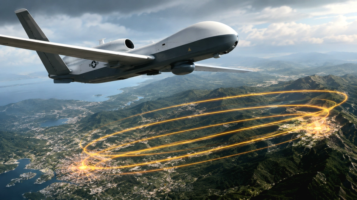 미 해군의 최첨단 고고도 무인정찰기 MQ-4C ‘트라이튼’(Triton)이 한반도 중부 내륙 상공에서 약 5시간 동안 동일 항로를 반복 비행한 정황이 포착됐다. 15일 미국의소리(VOA)와 항공기 위치정보 사이트 플라이트레이더24(Flightradar24)에 따르면 트라이튼은 지난 14일 오전 8시 45분쯤 경기도 안산 상공에 진입한 뒤 오후 2시까지 안산과 강원도 홍천을 잇는 중부 내륙 항로를 5~6차례 왕복 비행했다. 비행 고도는 약 4만 6000피트(약 14㎞)였다. 사진은 인공지능 도구로 생성한 자료. 2026.7.15 서울신문