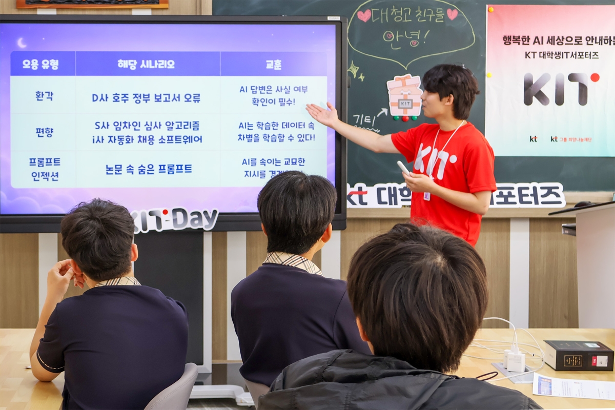 KT 대학생 IT 서포터즈(KIT) 4기가 인천 옹진군 대청도에 위치한 대청중고등학교에서 올해 첫 AI 교육 및 멘토링 봉사를 진행하고 있다. KT 제공