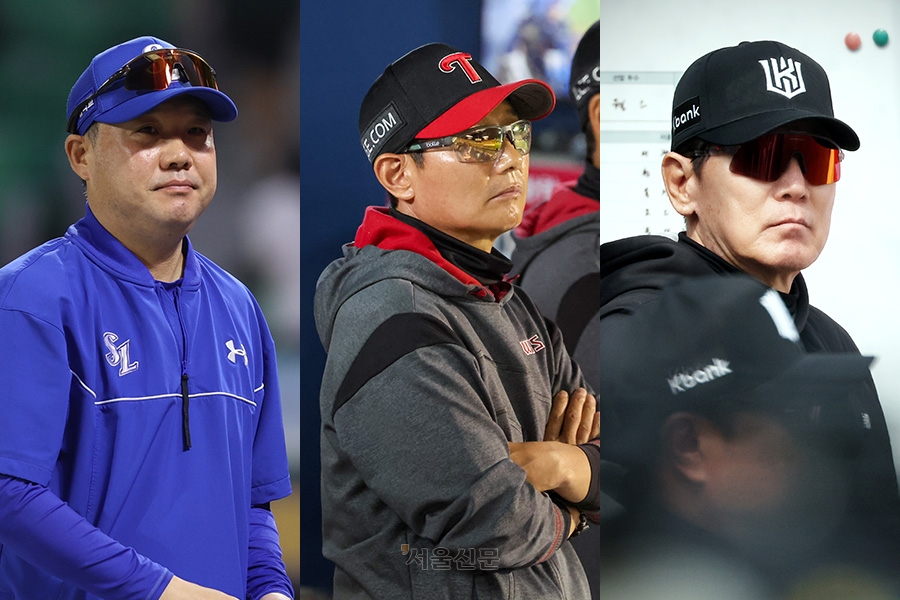 2026 프로야구 전반기 1~3위로 마친 박진만(왼쪽부터) 삼성 라이온즈 감독, 염경엽 LG 트윈스 감독, 이강철 kt 위즈 감독. 각 구단 제공