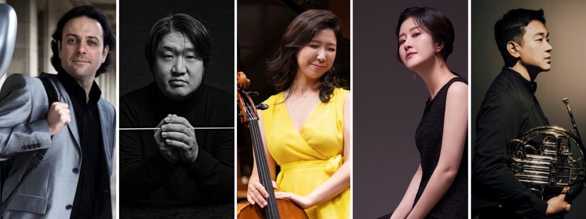 8월 5~8일 경기 파주 블루메미술관과 이랜드갤러리에서 열리는 제6회 헤이리국제음악제에 참여하는 연주자들. 왼쪽부터 첼리스트 에밀 로브너, 지휘자 서진 음악감독, 첼리스트 이영은, 타악기 연주자 박혜지, 호르니스트 김홍박. 헤이리국제음악제 제공