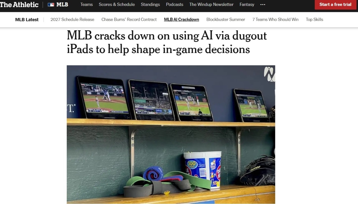 디어슬레틱 홈페이지에 MLB사무국이 더그아웃에서 태블릿PC로 AI 기술을 사용하지 못하도록 했다는 내용의 기사가 올라와있다.                디어슬레틱 홈페이지 캡처