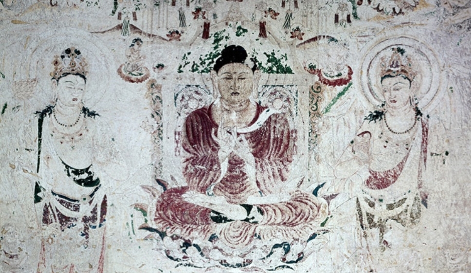 일본 중요문화재인 호류지 금당 벽화 사진 원판(제6호 벽)을 바탕으로 복원한 컬러 이미지. 호류지 홈페이지 캡처