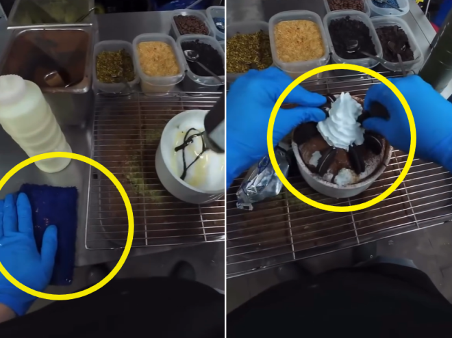 “걸레 만진 뒤 음식 재료를? 이럴 거면 위생장갑 왜 꼈나” 설빙 알바 영상 논란
