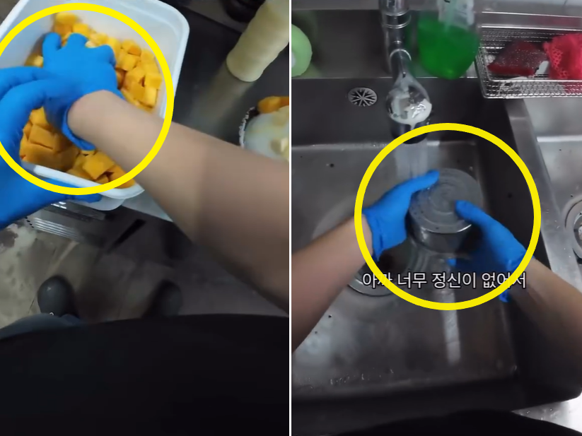 유명 빙수 프랜차이즈 설빙의 한 매장 주방에서 직원이 같은 위생 장갑을 낀 손으로 걸레와 집기류, 음식 재료 등을 다루는 모습이 전해져 위생 논란이 일고 있다. 온라인 커뮤니티 캡처