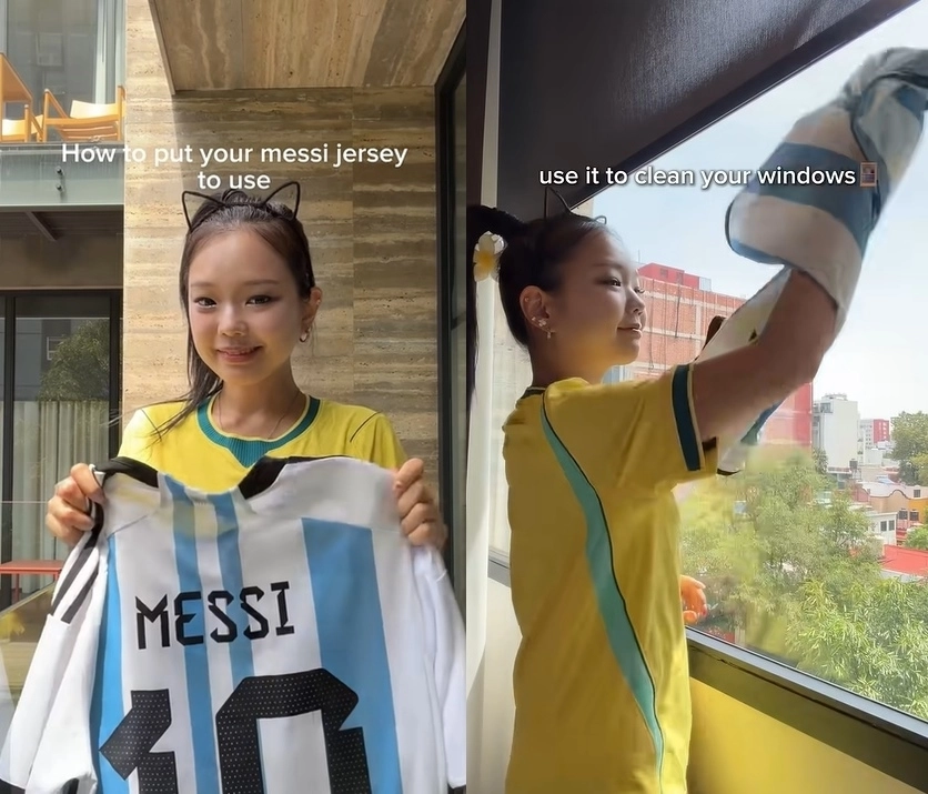 유튜버 ‘이노냥’이 2026 국제축구연맹(FIFA) 북중미 월드컵 결승전 이후 리오넬 메시의 아르헨티나 대표팀 유니폼을 발로 밟고 걸레로 사용하는 등의 내용을 담은 영상을 올려 전세계 축구팬들의 비판을 받고 있다. 자료 : 유튜브 채널 ‘이노냥’