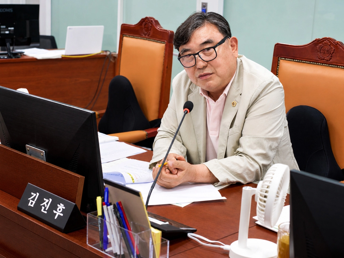 ▲김진후 의원이 제392회 임시회 건설교통위원회 회의에서 건설본부를 상대로 드론을 활용한 입체적 과적차량 단속 체계 구축을 주문하고 있다. (사진=경기도의회)