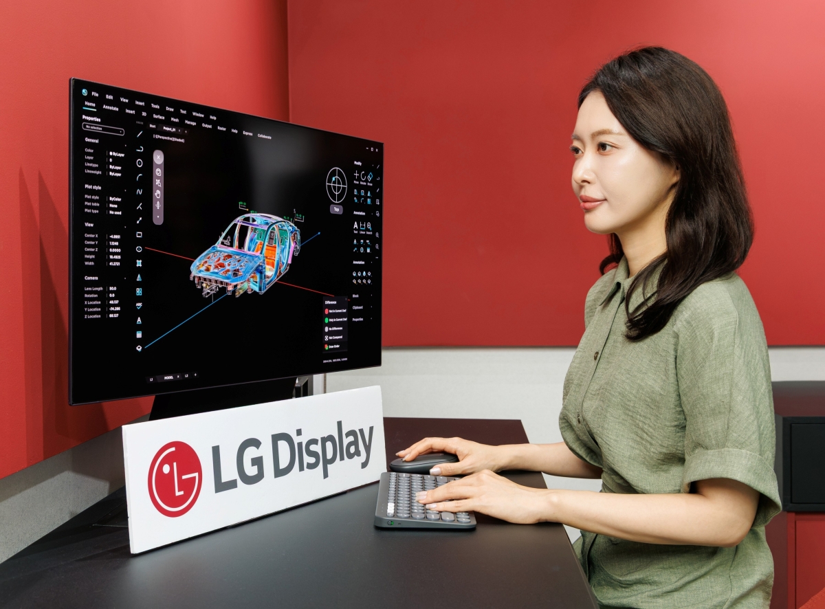 한 모델이 22일 서울 강남구 코엑스에서 열린 K디스플레이 전시회에서 LG디스플레이의 OLED 패널을 보고 있다.    LG디스플레이 제공