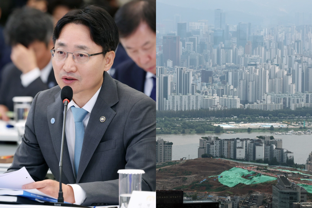 임광현 국세청장(왼쪽). 오른쪽은 서울 용산구의 재개발 예정지와 너머의 강남 아파트 단지 모습. 연합뉴스