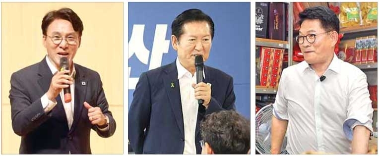 더불어민주당 8·17 전당대회 본경선이 시작된 첫 주말 당권주자들이 전국을 돌며 당원 표심 잡기에 나섰다. 왼쪽은 김민석 후보가 26일 전남광주통합특별시 북구 광주과학기술원에서 열린 초청 강연회에서 발언하는 모습. 가운데는 이날 정청래 후보가 울산 남구 민주당 울산시당에서 열린 당원 간담회에서 발언하는 모습.오른쪽 사진은 같은 날 전북 진안군 전북인삼농협 수삼판매장에서 상인들과 만나고 있는 송영길 후보. 전남광주 뉴스1·울산·진안 연합뉴스