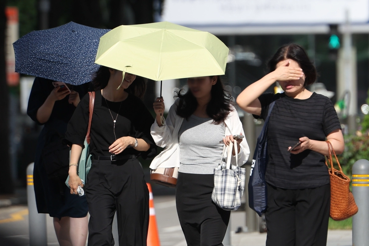 무더위가 이어진 29일 오전 서울 중구 세종대로 사거리에서 시민들이 양산을 쓰거나 손으로 햇볕을 가리며 걷고있다. 뉴시스
