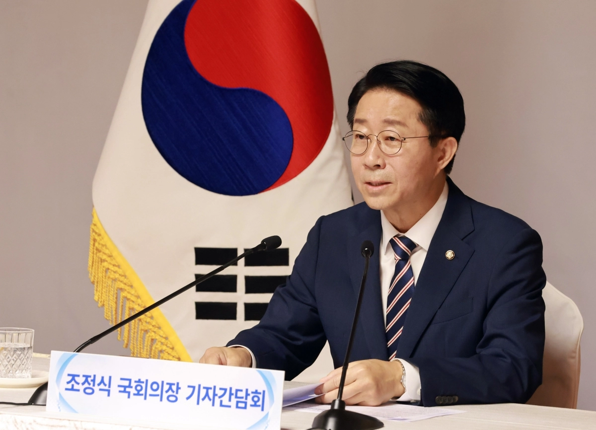 조정식 국회의장이 28일 서울 여의도 국회 사랑재에서 열린 취임 첫 기자 간담회에서 인사말을 하고 있다. 2026.7.28 연합뉴스