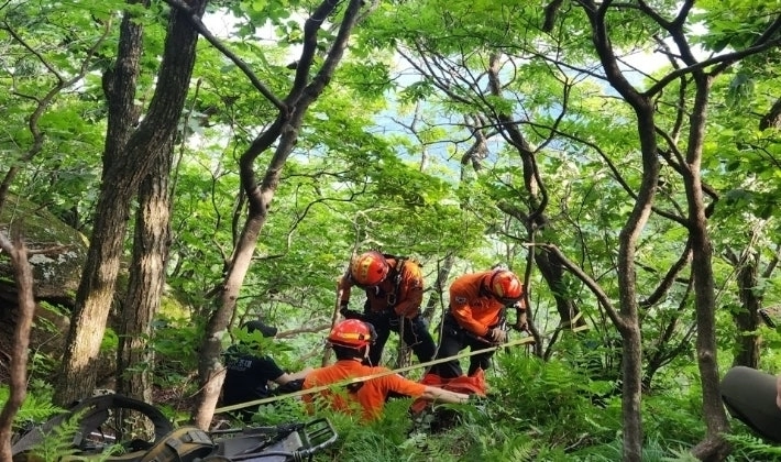 29일 오후 3시 48분쯤 대구 동구 도학동 팔공산에서 ‘사람이 떨어졌다’는 신고가 접수돼 현장에 출동한 구조대원들이 구조 작업을 벌이고 있다. 대구소방안전본부 제공