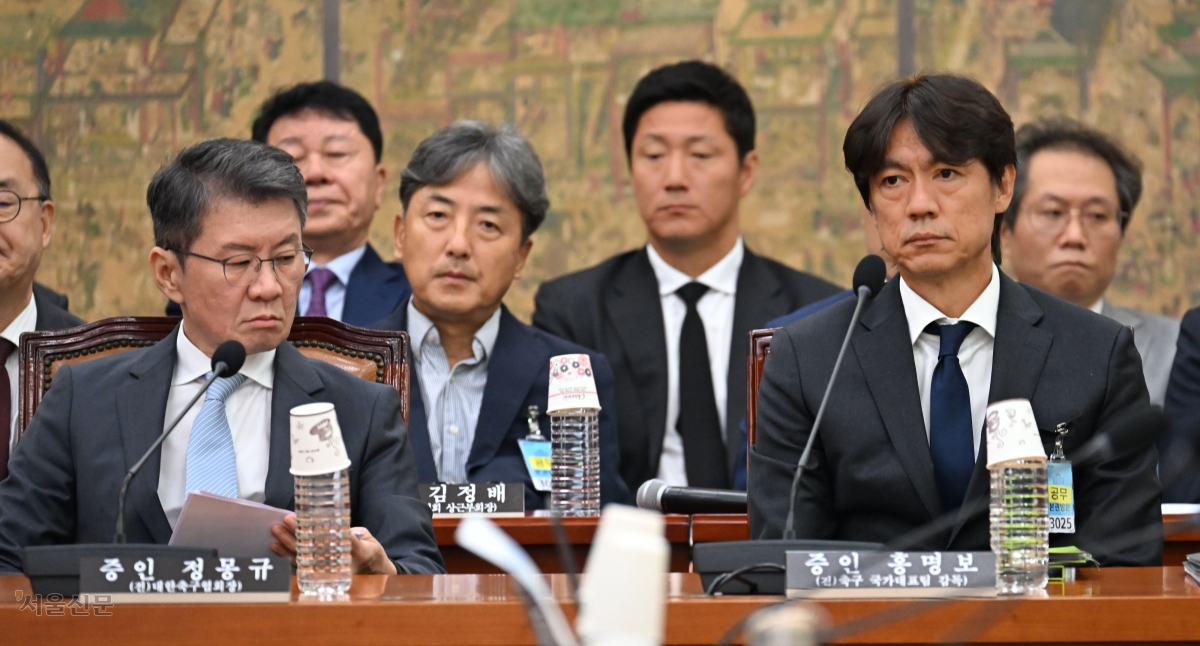 정몽규(왼쪽) 전 대한축구협회장과 홍명보 전 축구대표팀 감독이 30일 서울 여의도 국회에서 열린 문화체육관광위원회의 축구협회 현안 관련 청문회에 참석해 자리에 앉아 있다. 국회사진기자단