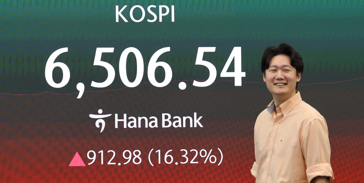 코스피가 장중 6500선을 돌파한 31일 서울 중구 하나은행 딜링룸 전광판에 코스피 지수가 나타나고 있다. 코스피가 장중 16% 이상 오른 것은 역대 최대 수준이다.  2026.7.31