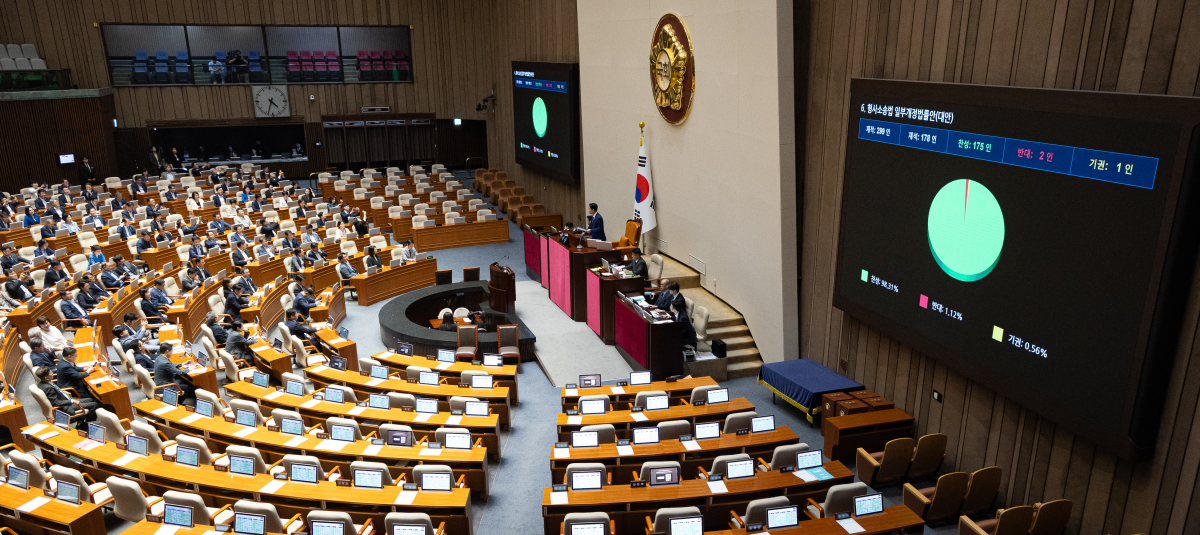 31일 서울 여의도 국회에서 열린 제437회 국회(임시회) 제3차 본회의에서 형사소송법 일부개정법률안(대안)이 재석 178인 중 찬성 175인, 반대 2인으로 가결되고 있다. 뉴스1