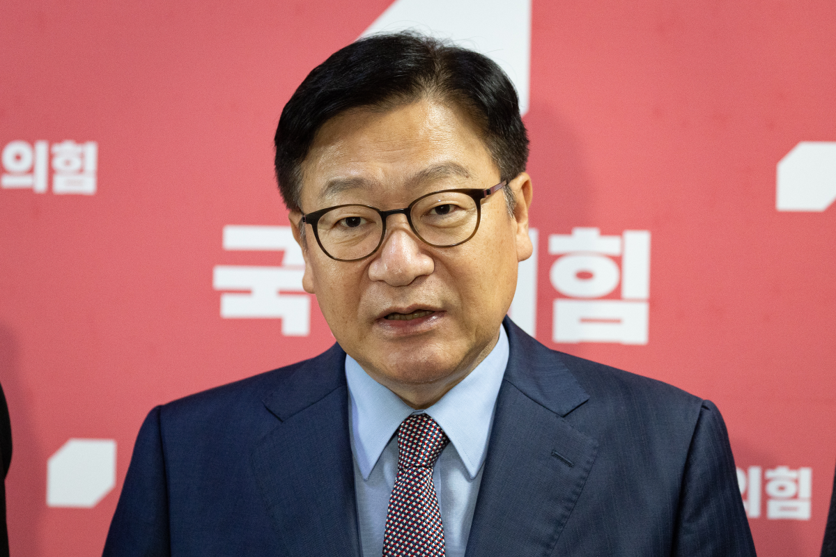 정점식 국민의힘 원내대표가 31일 서울 여의도 국회에서 현안 관련 브리핑을 하고 있다. 뉴스1
