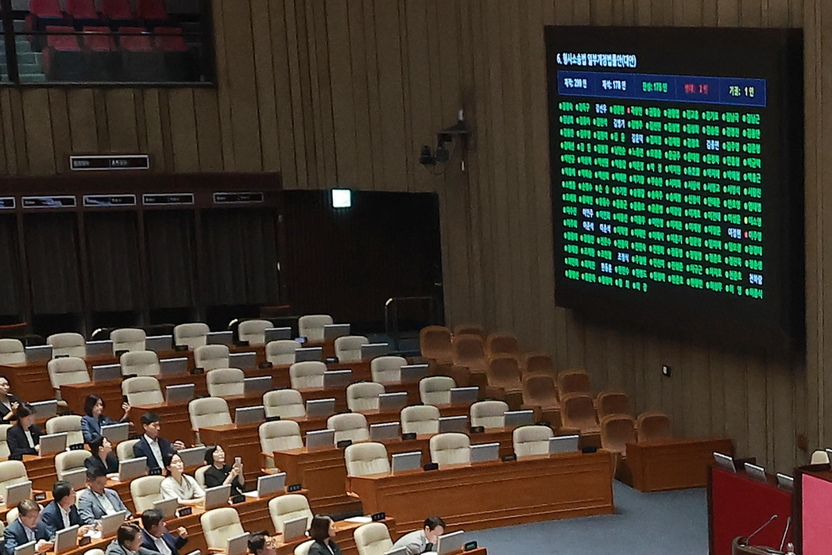 31일 국회에서 열린 7월 임시국회 제3차 본회의에서 전날 상정된 검사의 보완수사권 폐지를 골자로 한 형사소송법 일부개정법률안 표결이 이뤄지는 가운데 더불어민주당 곽상언 의원이 반대 표결을, 같은 당 이소영 의원이 기권 표결해 전광판에 보여지고 있다. 2026.7.31. 연합뉴스