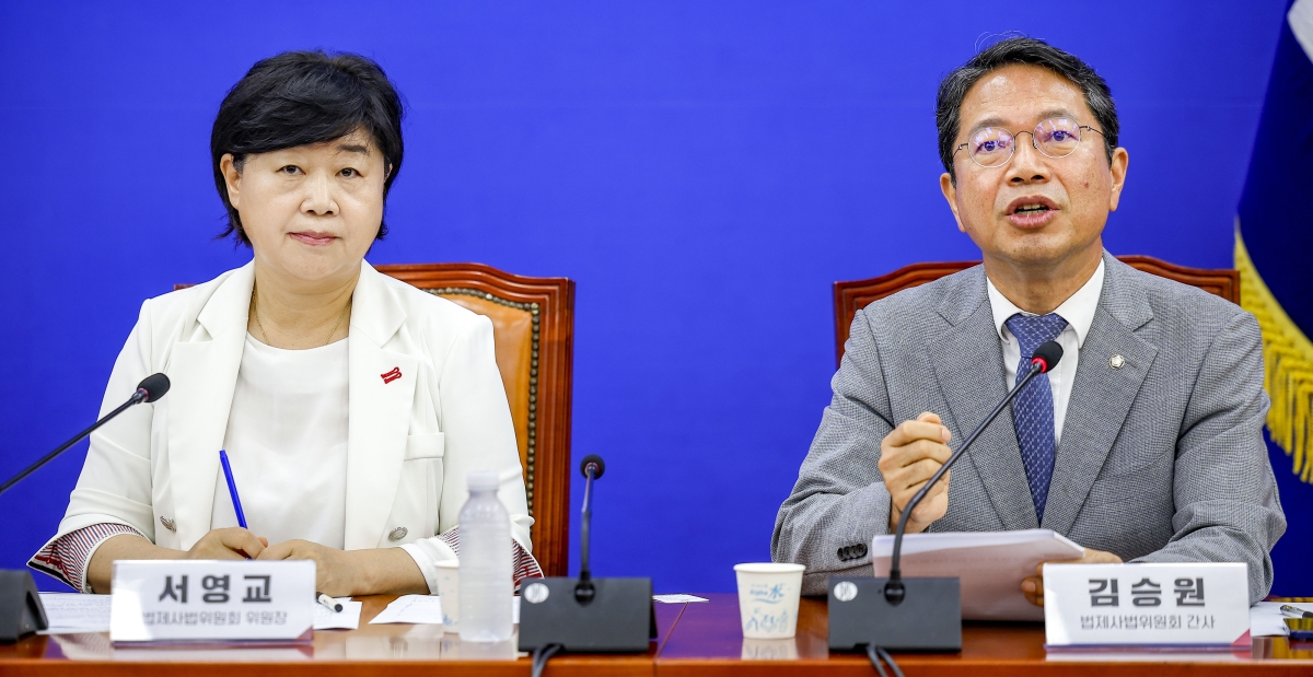 김승원 국회 법제사법위원회 여당 간사가 2일 서울 여의도 국회에서 열린 ‘더 좋아진 형사소송법-국회 법사위 기자간담회’에서 발언하고 있다. 2026.08.02.  뉴시스
