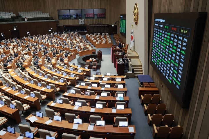 지난달 31일 국회에서 열린 7월 임시국회 제3차 본회의에서 전날 상정된 검사의 보완수사권 폐지를 골자로 한 형사소송법 일부개정법률안이 통과되고 있다.  연합뉴스